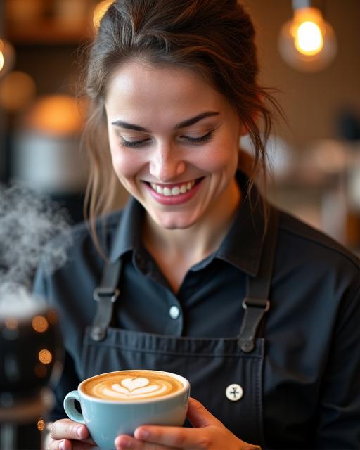 A friendly barista at The Daily Grind & Gather carefully preparing a latte.