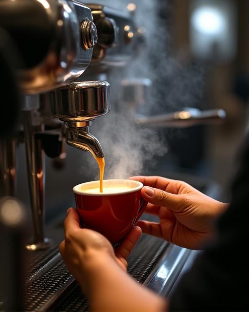 A barista focused on pouring a coffee, steam rising from the machine.