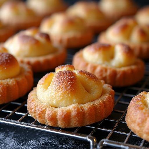 A close-up of freshly baked pastries on a cooling rack.