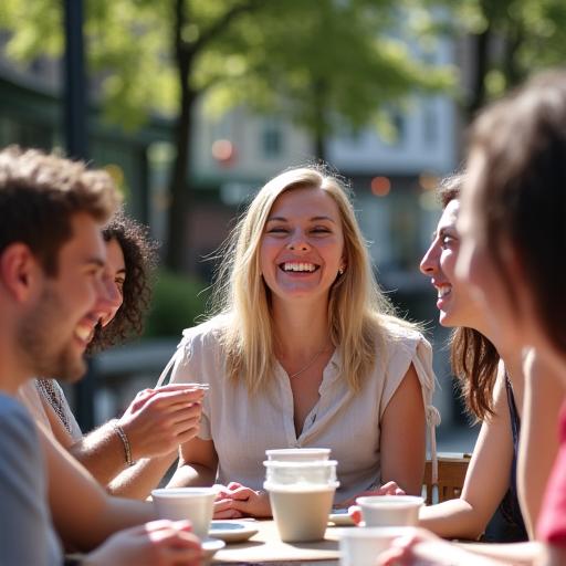 A group of friends laughing and drinking coffee at an outdoor table.