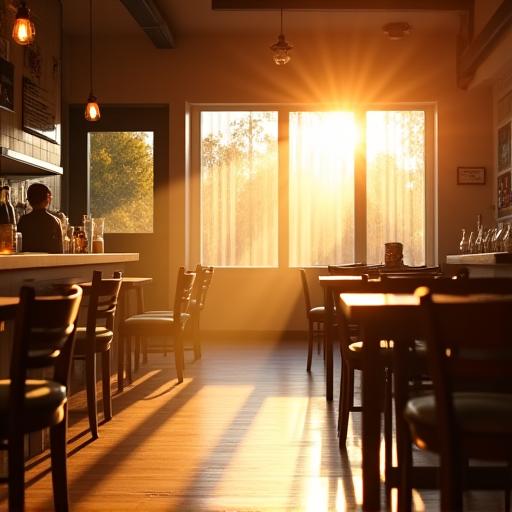 A view inside the cafe with warm morning sunlight streaming through the windows.