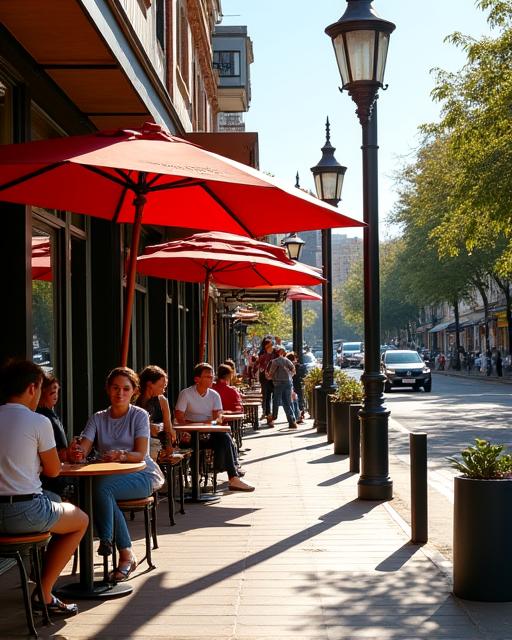 Outdoor cafe seating area on Lygon Street with customers enjoying the sun.