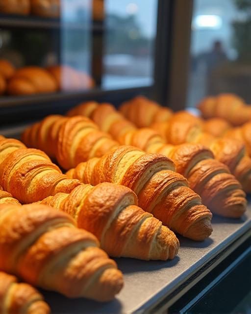A glass display case filled with fresh croissants and pastries.