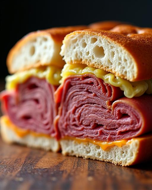 A delicious-looking Reuben sandwich cut in half.