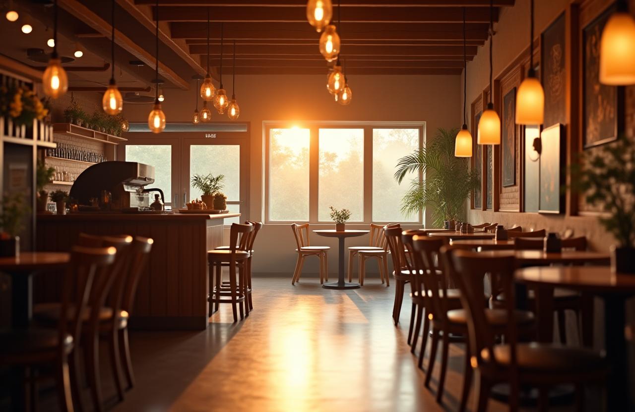 The warm and inviting interior of The Daily Grind & Gather cafe, with soft morning light.