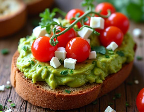 A colourful smashed avocado toast with feta and cherry tomatoes.