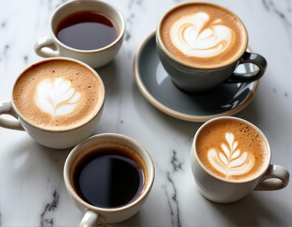 An overhead shot of various coffee drinks, including an espresso and a flat white.